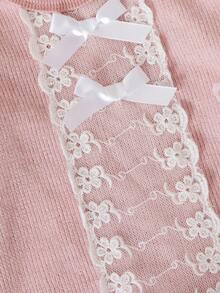 女婴简约花卉蕾丝羊毛连体睡衣套装，甜美时尚，适合秋冬 - 粉色 - 查看 7