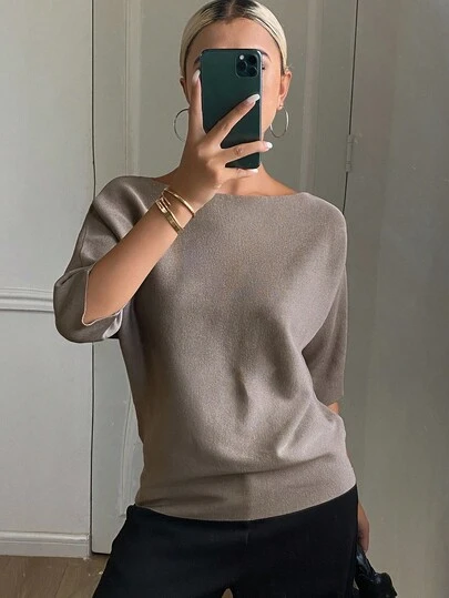 DAZY Women's Solid Color Fitted Boat Neck Half Sleeve Casual Elegant Knit Top, Autumn/Winter