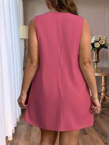 Auvina 大码女式休闲优雅纯色短款连衣裙，圆领，无袖，蝴蝶结连衣裙 - 粉色 - 查看 2