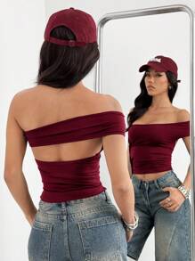 SHEIN EZwear 1 件女士勃艮第酒红色百搭修身上衣 - 酒紅色 - 查看 2