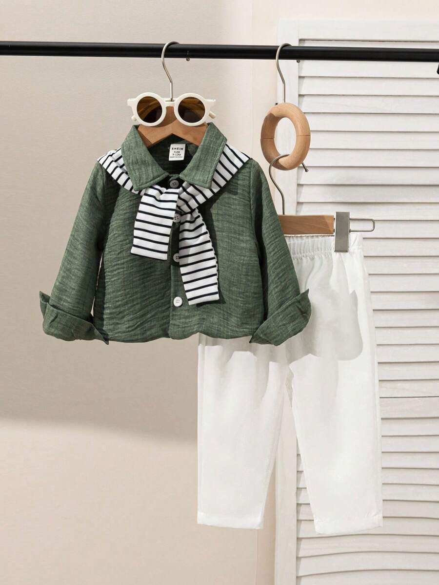 SHEIN Genkimix Kids 3 件套幼儿套装:绿色长袖领衬衫、披肩和裤子,适合通勤、上学、休闲装、运动、夏季和秋季返校季 - 彩色 - 查看 1