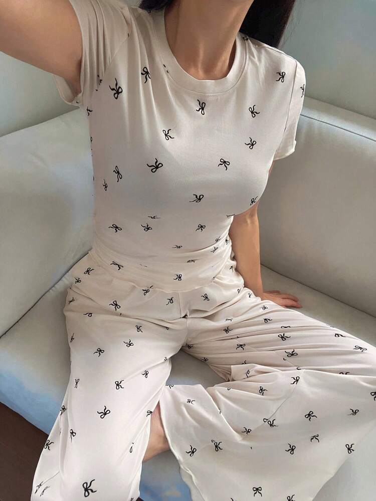 Tall Size Butterfly Print Round Neck Short Sleeve T-Shirt And Loose Pants 2 Pieces Set, Casual Style For Tall Women Summer