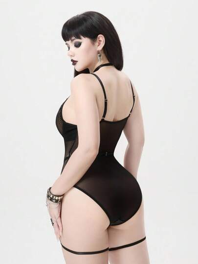 Grunge Punk Dark Punk Mesh Steel Boned Bustier Garter Bodysuit