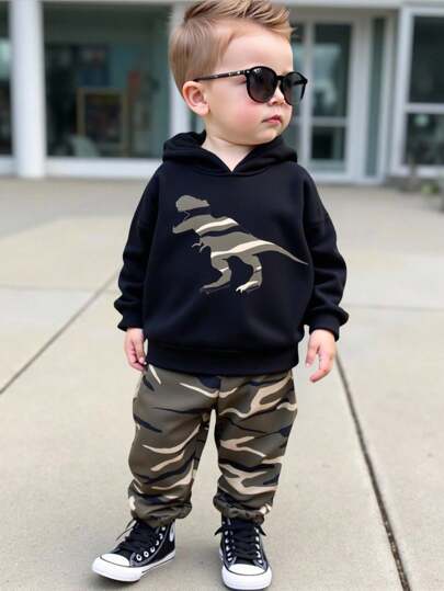 2pcs/Set Baby Boy/Girl Casual Sports Streetwear All-Match Minimalist Fashion Camo, Cartoon Dinosaur Print Hoodie Sweatshirt And Pants Set, Suitable For Home, Outings, Birthday Party, Christening, 1st Birthday, Evening Party, Performance, Wedding, Autumn/Winter Toddler Camo Outfit Dinosaur Toddler Boy Outfit Baby Boy Camo Pants Toddler Boy Hoodie Fall