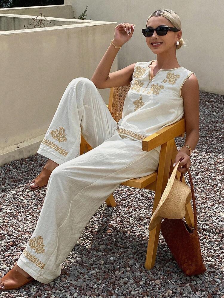 2pcs/Set Women's Vacation Style Embroidered Round Neck Camisole And Wide Leg Pants