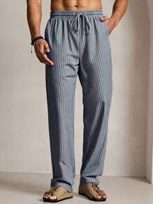 Manfinity VCAY 男士休闲通勤海滩旅行直筒条纹印花裤 - 藍白色 - 查看 1