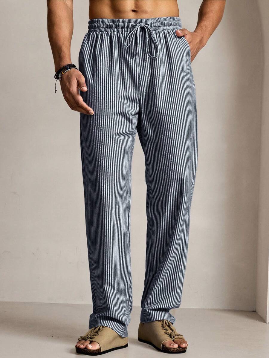 Manfinity VCAY 男士休闲通勤海滩旅行直筒条纹印花裤 - 藍白色 - 查看 1