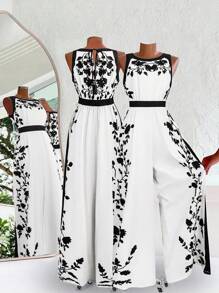 SHEIN Clasi 女士优雅露背连体裤，宽松版型，拼色印花 - 白色 - 查看 2