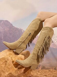 Daringsoles 女式尖头粗跟侧拉链绒面流苏西部靴，绒面刺绣过膝马靴，秋冬款 - 杏色 - 查看 2