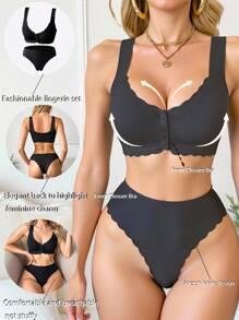 SHEIN 2pcs Women Solid Color Arched Front Closure Bra Set - Black - View 1