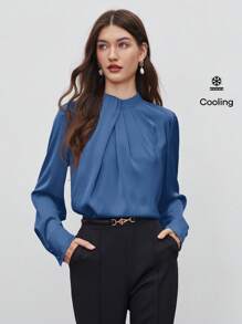 BizChic 女士秋季高领不对称设计褶饰宽松长袖上衣，基本款简约优雅别致商务休闲办公装，适合教师、婚礼、音乐会