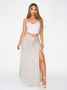 秋季新款设计低腰百褶系带半身裙，百搭高端女士半身裙 - 杏色 - 查看 6