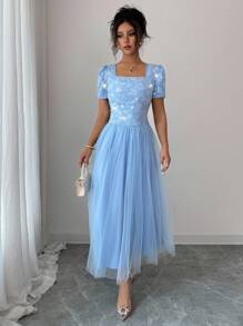 Elenzga Váy lưới thêu họa tiết cổ vuông thanh lịch cho nữ, mùa xuân/hè - Màu xanh lam - Xem 6