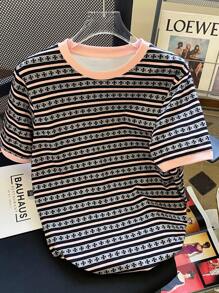 SHEIN 大码女式夏季条纹圆领短袖休闲宽松T恤 - 彩色 - 查看 1