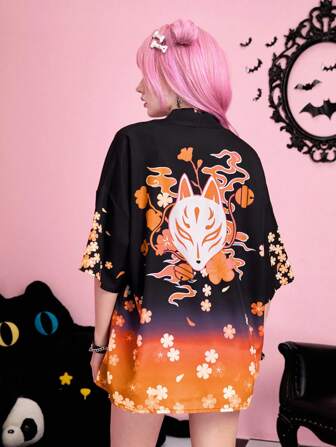 J-Fashion Women's Summer Casual Vacation Style Fox & Floral Print Loose Fit Open Front Shirt