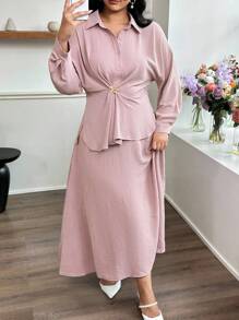 Modelyn Plus Size Women's Solid Color Drop Shoulder Long Sleeve Shirt And Midi Skirt Casual 2 Pieces Set,Fashionable Casual Elegant Women's Clothing, Autumn Women's Clothing, Women's Shirts, Preppy Dresses, Women's Strappy Shirt Dresses, Back To Work Back To School Women's Clothing, Dresses For Mom, Romantic Tops, Party Wear,Knitted Dress