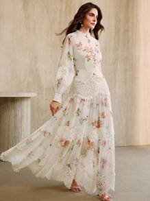 Anewsta 女式优雅花卉印花拼接蕾丝边长袖喇叭下摆连衣裙 - 杏色 - 查看 5