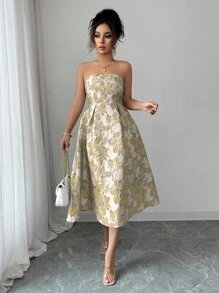 Elenzga 女士优雅提花无袖中长连衣裙，夏季 - 淡黃色 - 查看 4