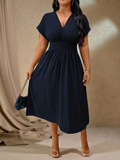 Roveilla Plus Size Women's Summer Solid V-Neck Batwing Sleeve Maxi Casual Dress