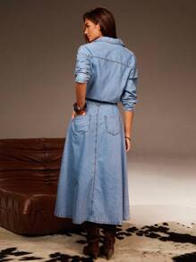 Athîral Denim Women's Drop Shoulder Single-Breasted Pleated Design Casual Denim Dress,Fall Women Clothes,,Work Women Clothes, Western Wear Women - Blue - View 2