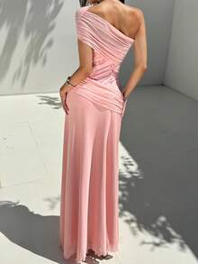 Aloruh New Sexy Asymmetrical Neck Vacation Style Jacquard Knit Contrast Mesh Flowy Draped Ruched One Shoulder Cinched Waist 2 In 1 Dress - Pink - View 2