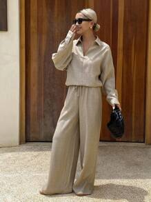 DAZY Conjunto de 2 piezas de top casual de manga larga con cuello en V y pantalones de ajuste holgado para mujer, otoño e invierno