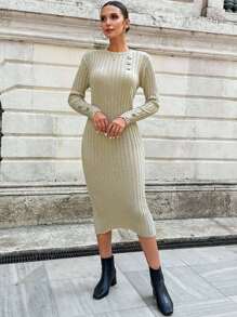 RueChic Button Detail Ribbed Knit Sweater Dress Without Belt - Beige - View 6
