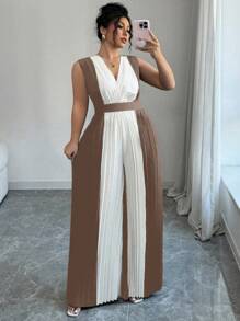 Elenzga Bộ đồ liền thân ống rộng eo thắt eo xếp ly cổ chữ V cỡ lớn dành cho nữ, trang phục thường ngày thanh lịch để đi làm, du lịch và hàng ngày - màu nâu - Xem 6