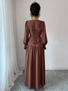 Selianne 女式优雅复古正式办公室通勤休闲节日派对咖啡棕色 V 领腰部褶皱 A 字秋季连衣裙，交叉系带和泡泡袖，秋冬 - 棕色 - 查看 2