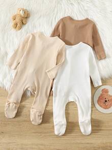 3pcs/Set Newborn Baby Boy Minimalist Comfortable Long Sleeve Round Neck Zipper Front Soft Knit Jumpsuit Fall Winter - Multicolor - View 2