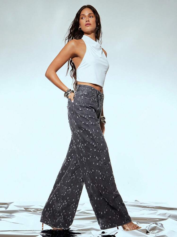 Denimoi Asymmetrical Waist Distressed Wide Leg Denim Jeans, Paneled Wide Leg Jeans, Distressed Jeans, Fashionable, Streetwear, Street Style - Black - View 4