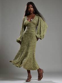 NYA SZN Dress Long Sleeve Deep Plunge Textured Special Occasion Wedding Guest Bridal Event Modest Church Old Money Party Night Out Fall Winter Midi Maxi Dresses Statement Valentines Day St. Patricks Outfits For Women - Green - View 5