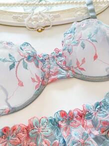 SHEIN Sheer Multicolor Embroidered Plus Size Bra And Panty Set With Floral Design, Lift