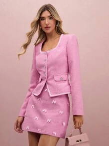 Enchnt 女士方领长袖单排扣时尚优雅夹克 - 粉色 - 查看 5