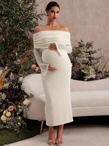 MaterniChic Fall Clothes,Autumn Clothes,Maternity Autumn/Winter Clothes Maternity Maternity Solid Color Pleated Off Shoulder Long Sleeve Fitted Elegant Dress Maternity Baby Shower Dress Pregnancy Photoshoot Dress Off Shoulder White Dress Maternity Dress Maternity Photoshoot Dress White Maternity Dress
