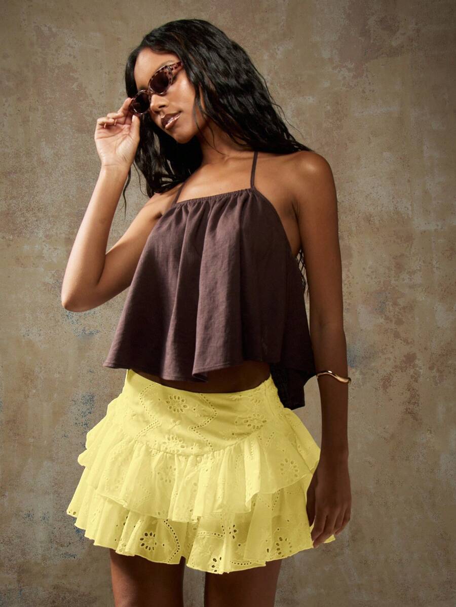 MISSGUIDED Váy ngắn Broderie Anglaise mùa hè lễ hội cạp cao xếp nếp nhiều lớp ren chữ A dự tiệc bãi biển ngày lễ mùa xuân - Màu vàng - Xem 1