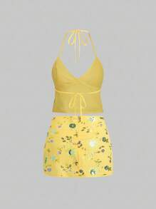 SHEIN Unity 棕色亮片刺绣性感V领露背吊带背心，棕色亮片性感低腰迷你裙，女式两件套，适合春夏秋季 - 淡黃色 - 查看 2