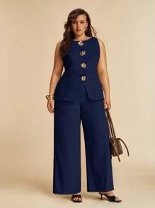 SHEIN BAE Plus Size Women's Summer Fashion Commuter Solid Color Vest & Pants Set/ Plus Size Two Pieces Outfits/ Plus Size 2 Pieces Sets/ Plus Size Wide Leg Pantsuit/ - Navy Blue - View 3