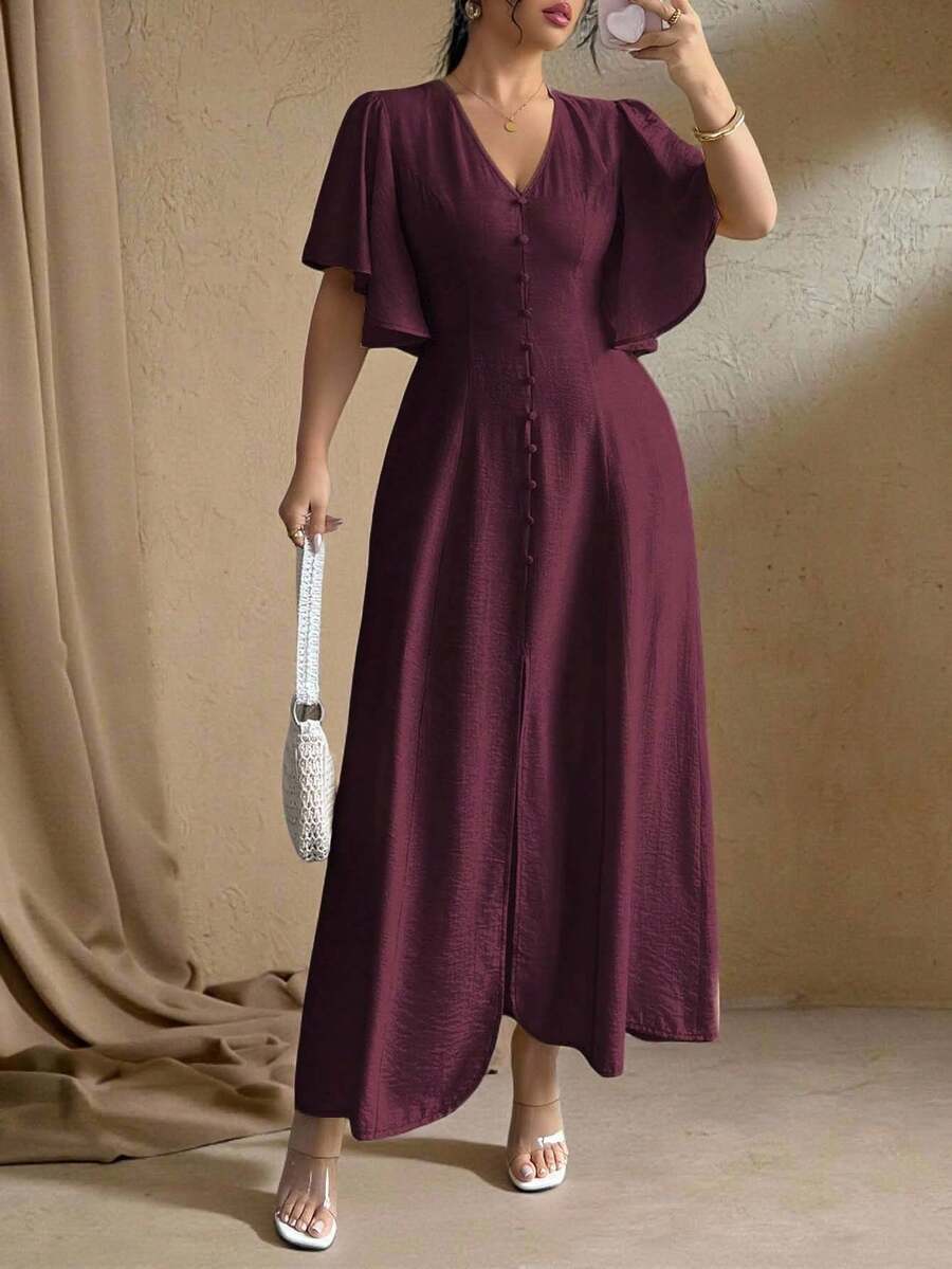 Roveilla Đầm Maxi Tay Loe Cổ Chữ V Đính Nút Phong Cách Bohemian Cỡ Lớn Cho Nữ, Thanh Lịch Khi Đi Làm, Thường Ngày, Ngày Lễ, Trà Chiều - Màu Tím - Xem 1