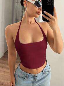 SHEIN ICON Áo ba lỗ cổ yếm ôm sát màu trơn dành cho nữ - Màu Đỏ Sâu - Xem 1