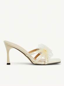 CUCCOO CHICEST Tacones de salón elegantes y cómodos con lazo decorativo y punta cuadrada de malla, de tacón medio, apropiados para el trabajo, el trayecto, citas, fiestas y ocasiones formales - Beis - Ver 7