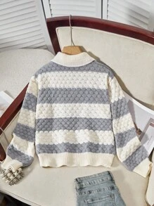 SHEIN 青少年女孩波浪条纹V领撞色休闲套头针织毛衣 - 灰色 - 查看 2