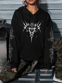 Attitoon Áo hoodie in họa tiết đồ họa tối giản, phong cách Punk Street cổ điển, rộng rãi, cỡ lớn dành cho nữ, mùa thu/đông - màu đen - Xem 4
