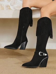 Styleloop Giày bốt cao cổ màu đen chắp vá dành cho nữ, giày bốt cao bồi, giày bốt gót cao, giày bốt mũi nhọn, phù hợp cho lễ Halloween, Giáng sinh, trang phục mùa thu, giày bốt đen, giày bốt nữ, giày bốt cao bồi, giày bốt cốt lõi - màu đen - Xem 5