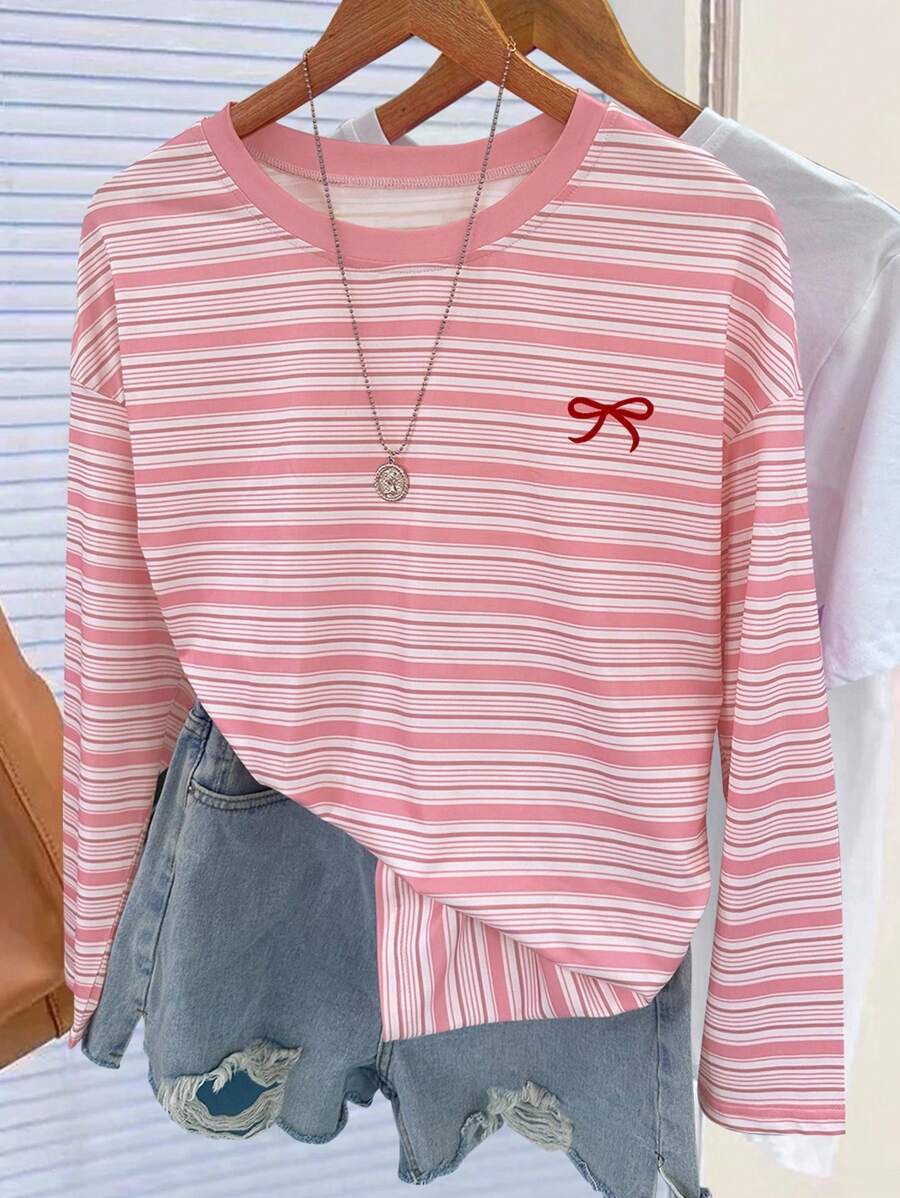 SHEIN Women's Round Neck Striped Patchwork Butterfly Print Long Sleeve T-Shirt Fall Cloth For Women