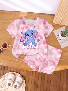 Adorable Pink Tie-Dye Co-Ord Set With Bunny Graphics And Round Neck Tee For Kids - Multicolor - View 4