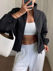 DAZY 女式纯色宽松高领抽绳休闲街头夹克，秋冬 - 黑色 - 查看 4