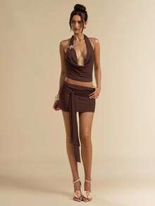 SHEIN BAE Bộ 2 món áo ba lỗ cổ khoét sâu gợi cảm và chân váy mini cạp trễ, bộ lưới gợi cảm 2 món, bộ đồ đi biển 2 món, trang phục lễ hội âm nhạc - Cà phê nâu - Xem 3