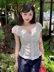 DAZY Women's Summer V-Neck Frill Trim Fitted Short Sleeve T-Shirt - White - View 6