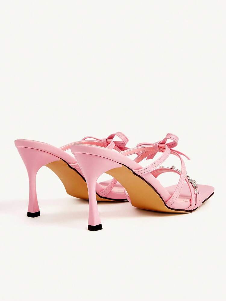CUCCOO CHICEST Women's Elegant Floral Rhinestone Bowknot Strap Square Toe High Heel Sandals, Romantic Sexy Pink Faux Leather Dress Shoes, Suitable For Party, Date, Fashion Show, Vacation, Bar, Club,, Birthday, Valentine's Day